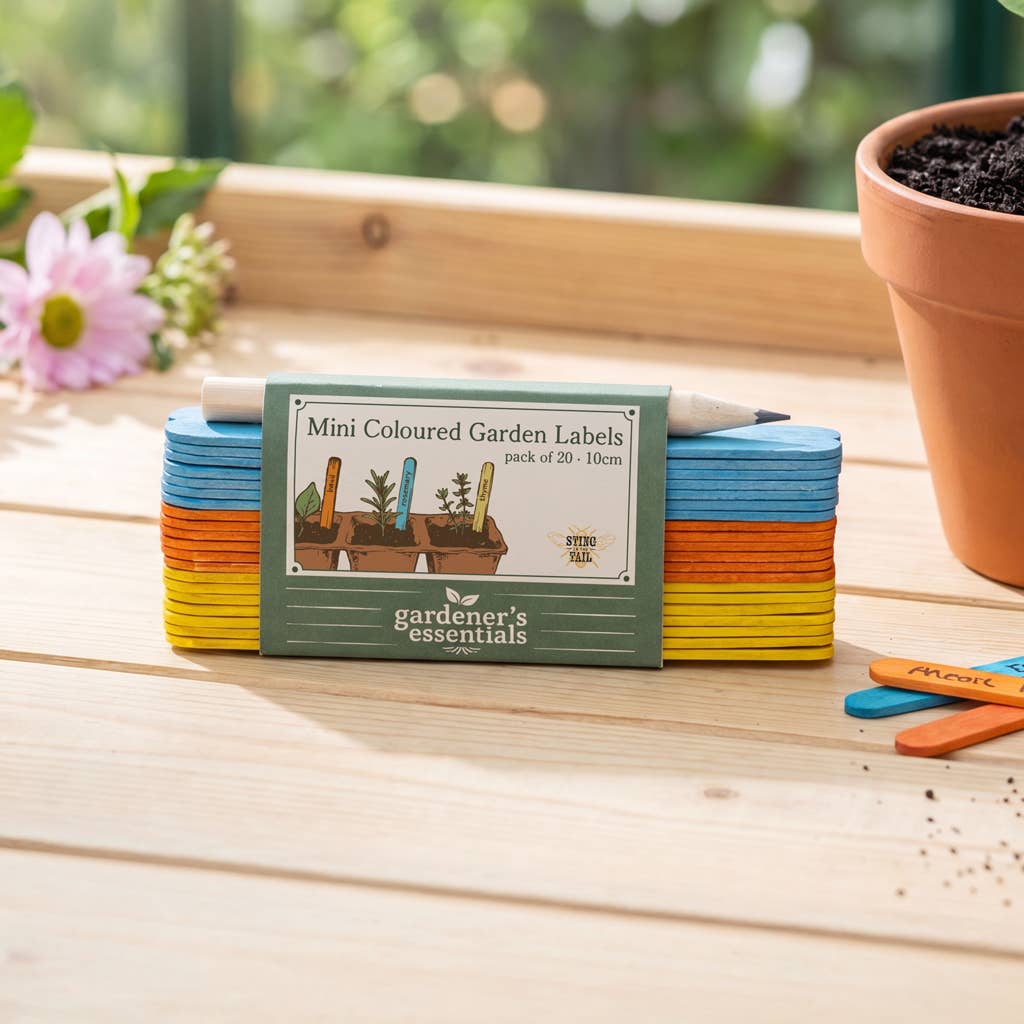 Gekleurde houten plantenlabels 10 cm – 20 stuks + potlood - Tuinkabouter Chrisje