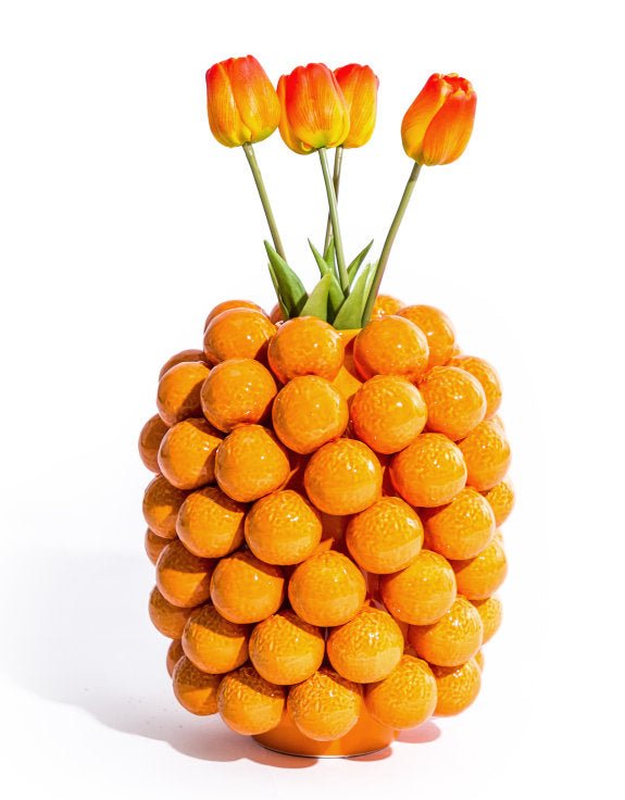 Keramische extra grote oranje vaas met meerdere kleuren - Tuinkabouter Chrisje